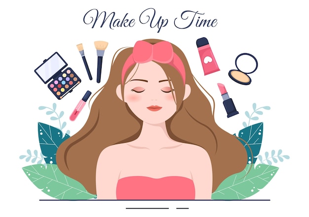 Make Up Cosmetics Collection of Glamour Girl in Flat Illustration