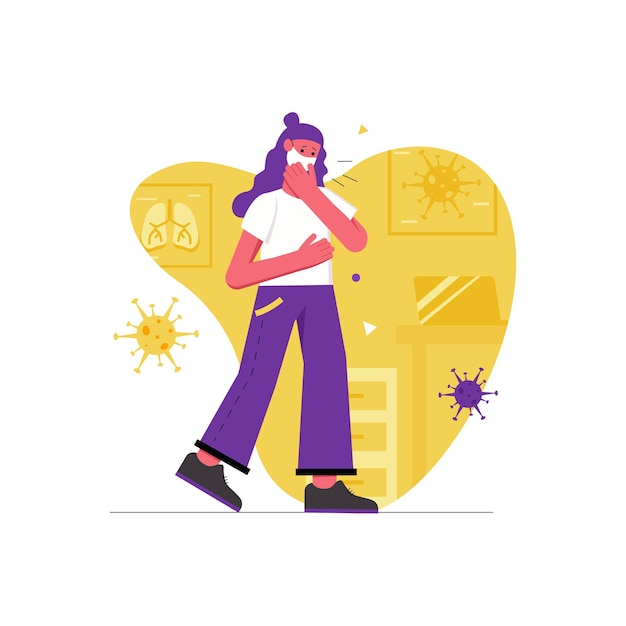 Malattia da infezione da coronavirus moderno concetto piatto. La triste donna mascherata tossisce e va all'appuntamento dal medico in clinica. I sintomi del covid-19. Illustrazione vettoriale con scena di persone per il design di banner web
