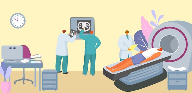 Malattia del cancro persone all'illustrazione del vettore di appuntamento medico Medico che guarda l'immagine dei raggi X in ospedale Concetto di salute