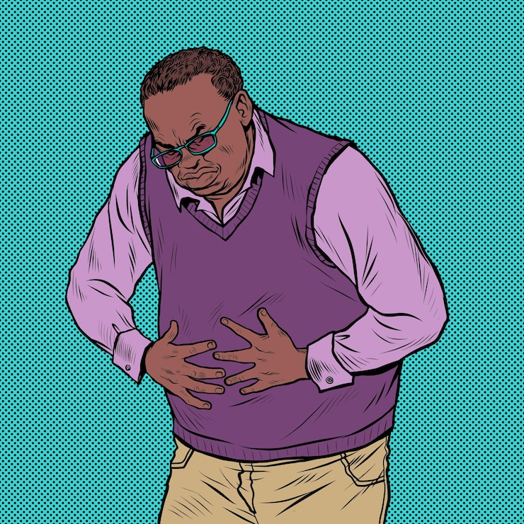 Vettore malattie del dolore addominale dell'uomo anziano africano dell'intestino dello stomaco o di altri organi interni