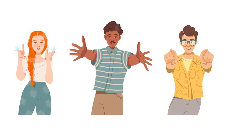 Vettore male and female showing hand gesture feeling happiness and excitement vector illustration set