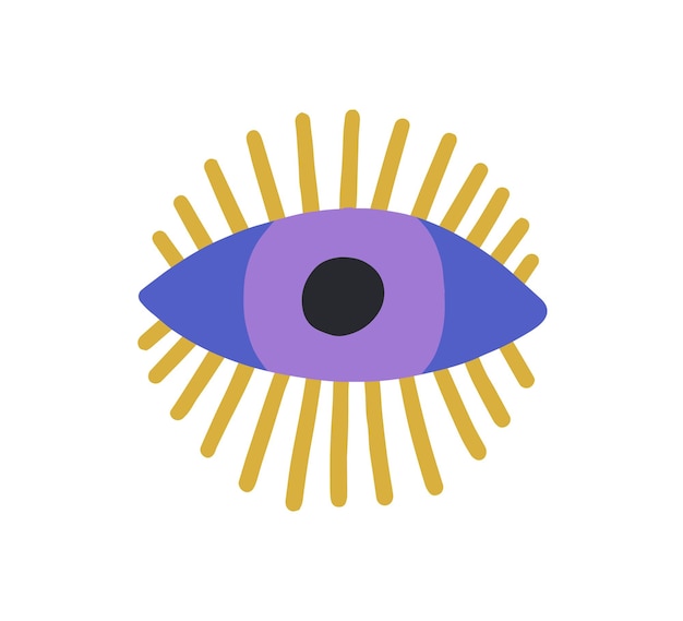 Malocchio esoterico con ciglia. Bulbo oculare spirituale mistico con osservazione della pupilla. Elemento di design sacro magico in stile doodle. Illustrazione vettoriale piatta del simbolo di fortuna isolato su sfondo bianco.