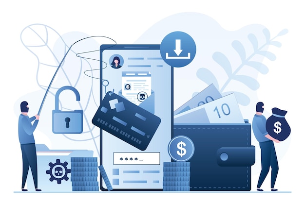 Malware online e password phishing smartphone con carta di credito e gruppo di hacker mascherati