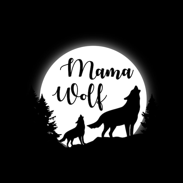 Mama Wolf alberi di pino luna piena e silhouette di lupo