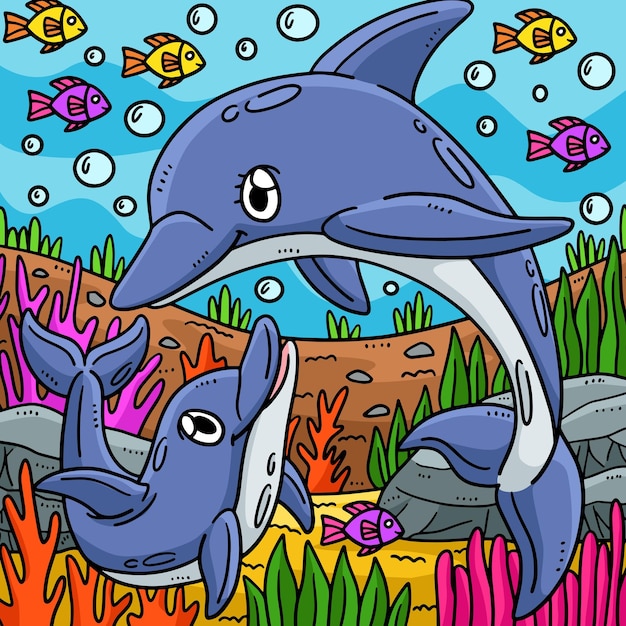 Mamma delfino e cucciolo di delfino colorato cartone animato