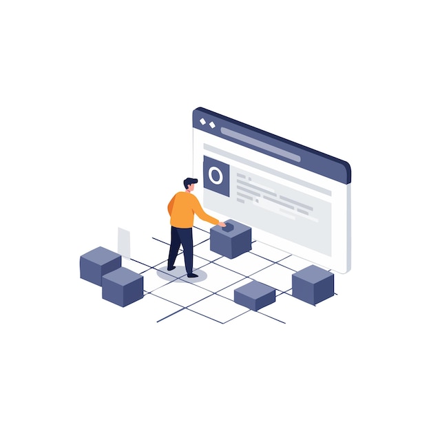 Man building digital blocks on computer screen concept for software development and programming vector illustration