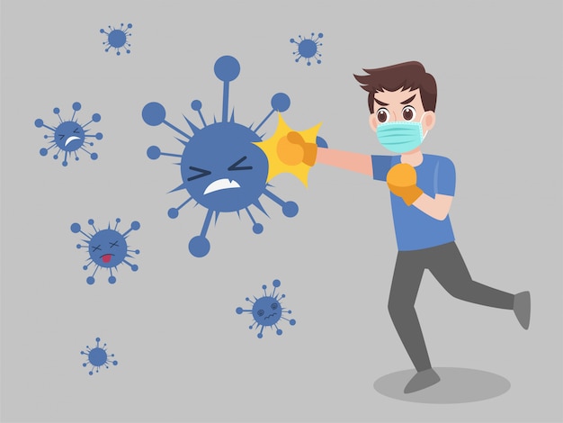 Man Fight punch virus indossando una mascherina chirurgica protettiva per prevenire il virus