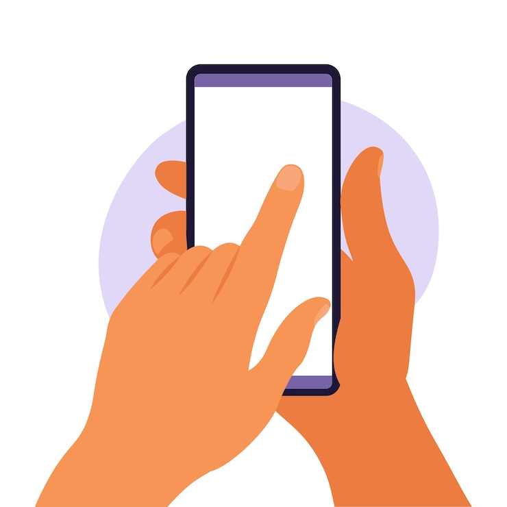 Vettore man mano che tiene smartphone con schermo bianco vuoto. utilizzando il telefono cellulare intelligente. concetto di design piatto. illustrazione vettoriale
