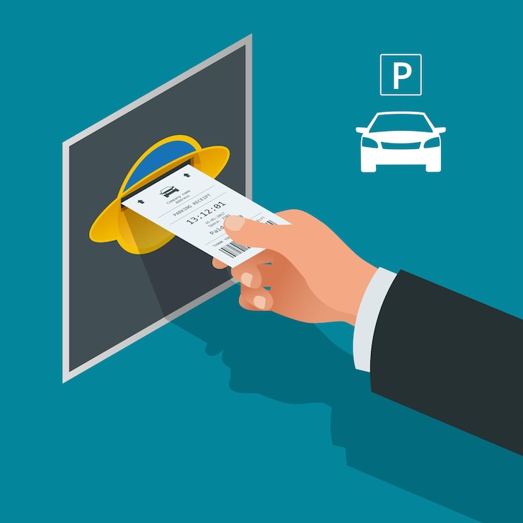 Vettore man mano con i biglietti per il parcheggio. icona di vettore di illustrazione piatta isometrica per il web. trasporto urbano. parcheggio. accessibilità.