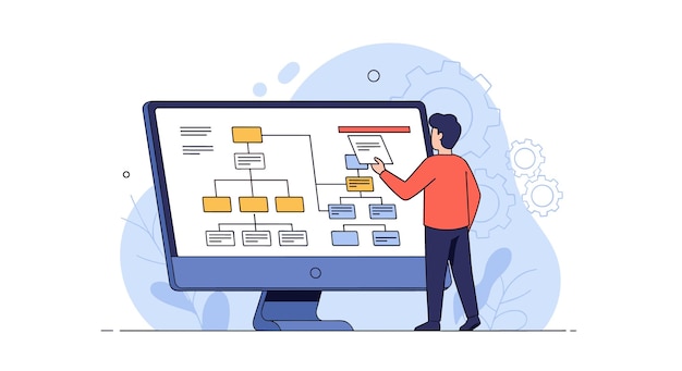 Man pointing at a flowchart on a computer screen illustrating workflow and data analysis