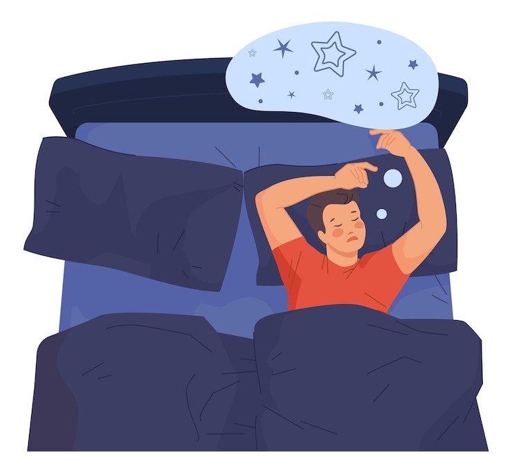 Vettore man sleeping in bed night dreams illustration