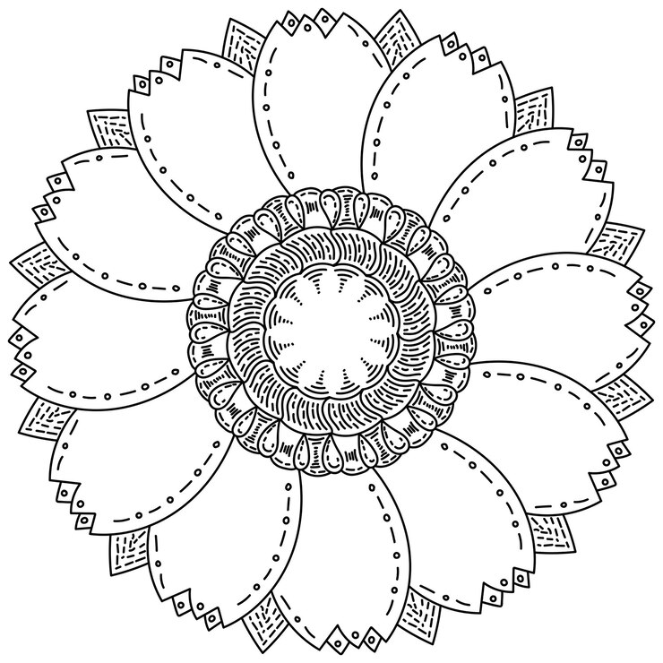 Mandala a forma di fiore con petali intagliati e un motivo di frequenti sfumature