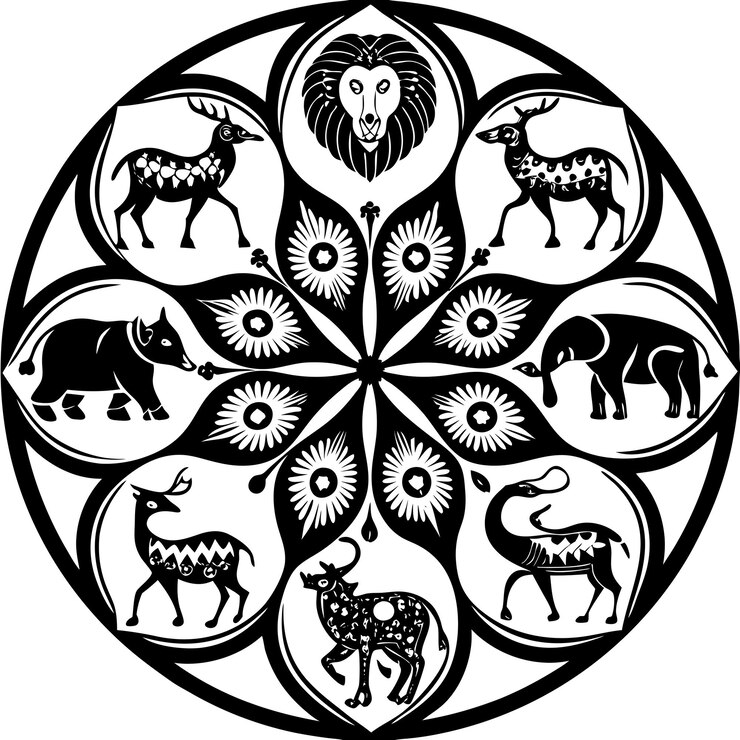 Mandala animale con leone e varie creature