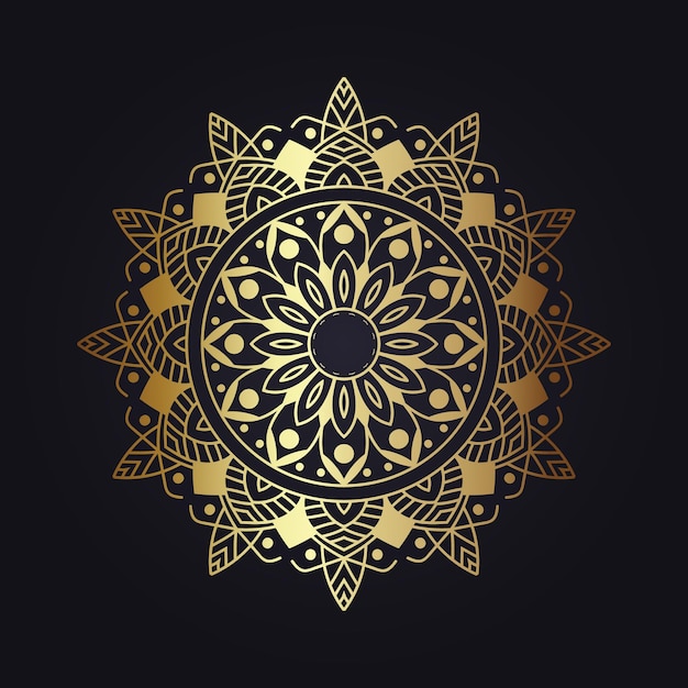Mandala d'oro con motivo floreale su sfondo nero.