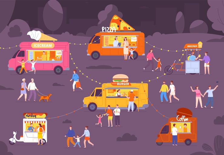 Vettore mangiare di strada di notte persone bancarella strada mercato alimentare fiera all'aperto mangiare stand fiere vacanze estive festival spuntini artigianato contatore ristorante splendida illustrazione vettoriale della strada del mercato notturno