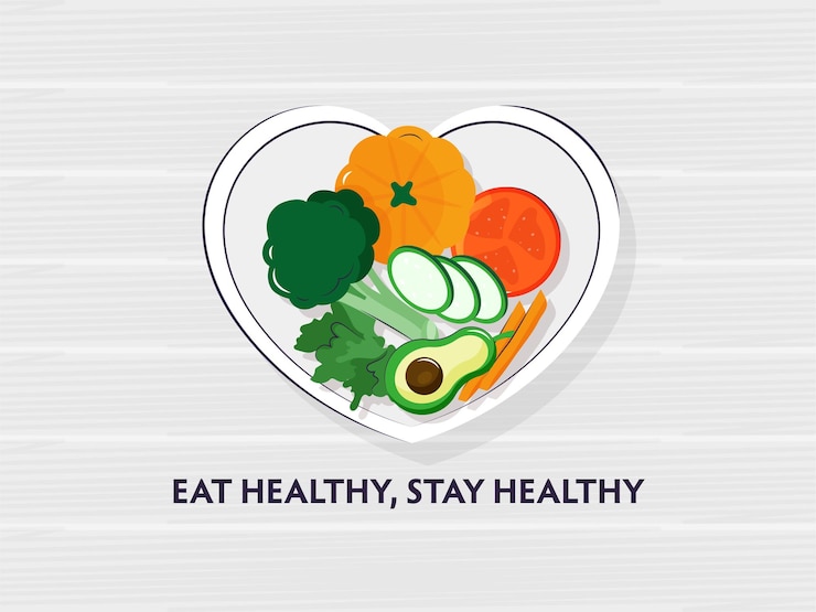 Vettore mangiare sano rimanere sano concetto con cibi vegani sulla piastra a forma di cuore su sfondo bianco con motivo a strisce