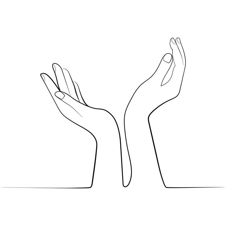 Vettore mani a coppa disegno a linee continue, illustrazione vettoriale. aprire le mani vuote. schizzo nero delle braccia umane