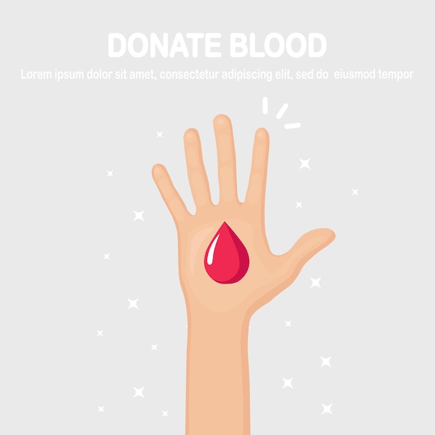 Mani alzate con cuore rosso. Volontariato, beneficenza, donare il concetto di sangue. Grazie per la cura. Voto di folla. Design piatto vettoriale