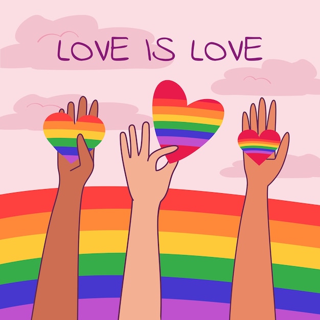 Mani alzate con cuori arcobaleno e testo L'amore è amore Per celebrare il mese dell'orgoglio LGBT