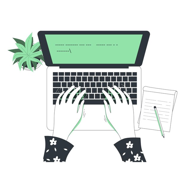 Mani che scrivono su una tastiera portatile con una pianta e un notebook sul lato