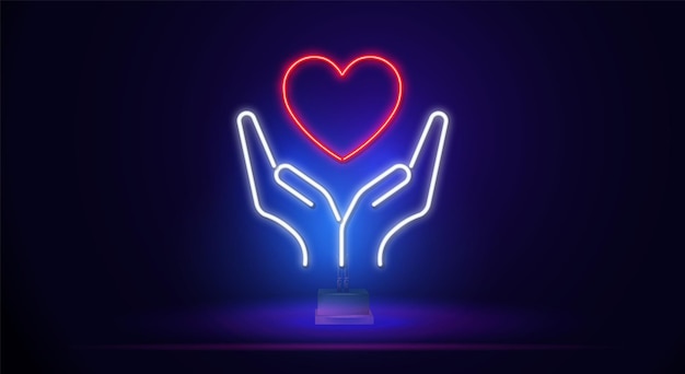 Mani che tengono cuore insegna al neon medicina e assistenza sanitaria concetto pubblicità design notte luminoso neo...