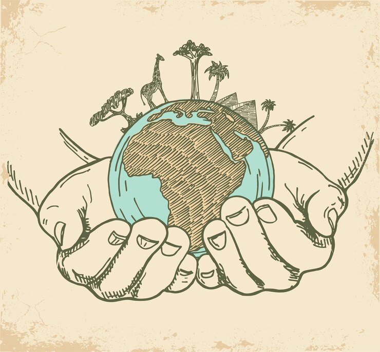 Vettore mani che tengono il globo terrestre terra nelle mani umane animali e piante dell'australia sul globo
