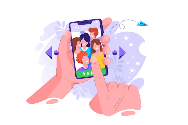 Mani che tengono il telefono cellulare con ragazzi e ragazze felici visualizzati sullo schermo. Amici che posano per se stessi