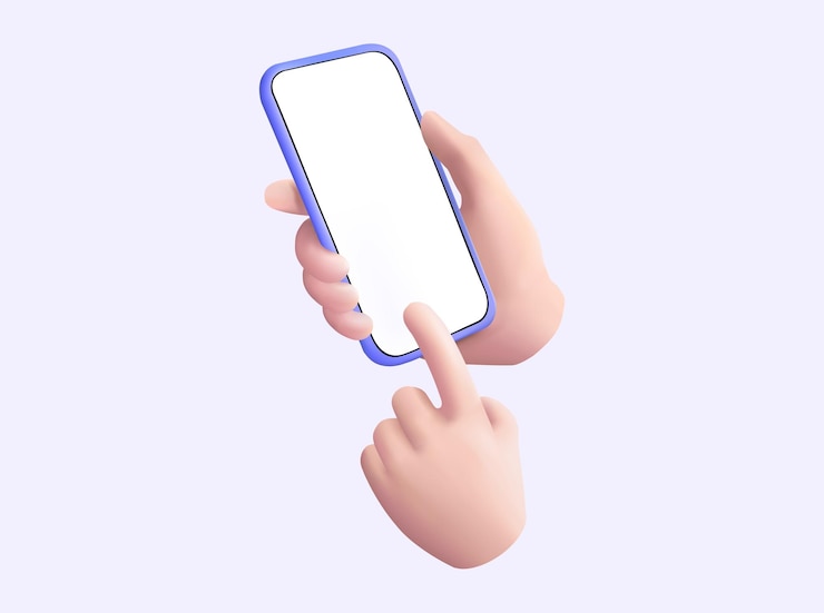 Vettore mani che tengono il telefono cellulare e mani che toccano lo schermo bianco vuoto su sfondo viola comunicazione media sociale tecnologia online internet mani che usano un modello di telefono cellulare illustrazione vettoriale 3d