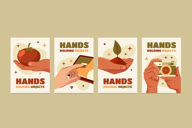 Mani che tengono oggetti carte a disegno piatto