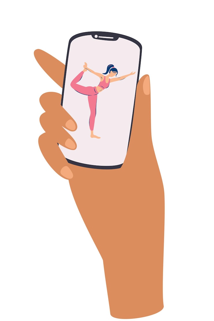 Vettore mani che tengono un cellulare con esercizi di yoga. un mobile lezioni di yoga online. rimani attivo a casa concetto. allenamento, attività a casa. stile di vita sano illustrazione di cartone animato piatto vettoriale