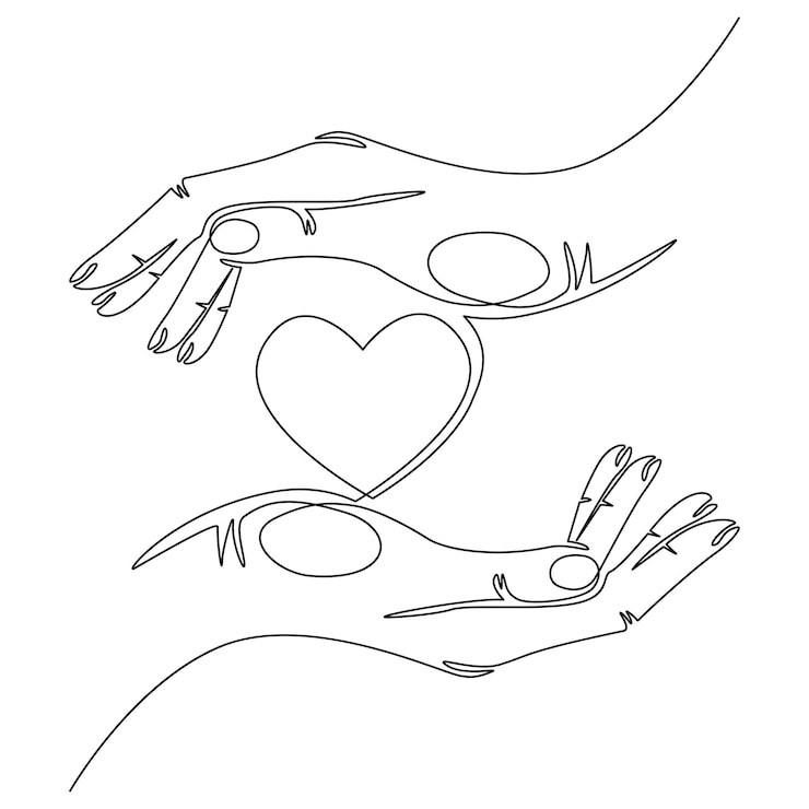 Vettore mani che tengono una linea continua del cuore illustrazione vettoriale isolata su sfondo bianco