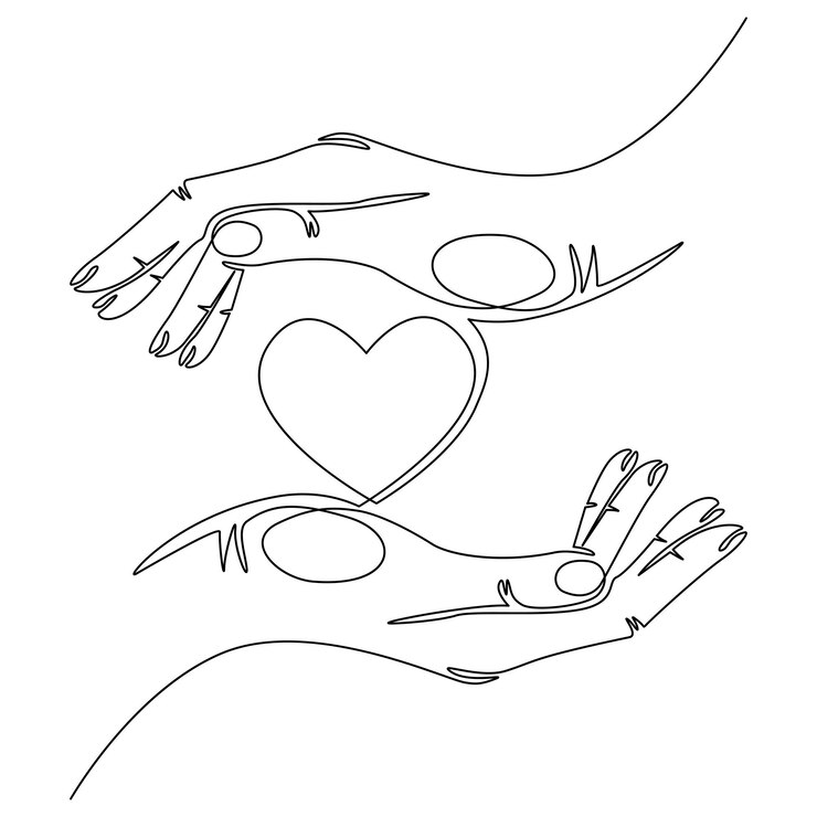 Vettore mani che tengono una linea continua del cuore illustrazione vettoriale isolata su sfondo bianco