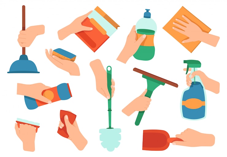 Vettore mani con detersivo. rifornimenti di pulizia di lavori domestici di disinfezione nelle icone dell'illustrazione dell'attrezzatura di lavaggio delle mani, della cucina e del bagno messe. detersivo domestico, lavoro e detenzione di attrezzature per la pulizia