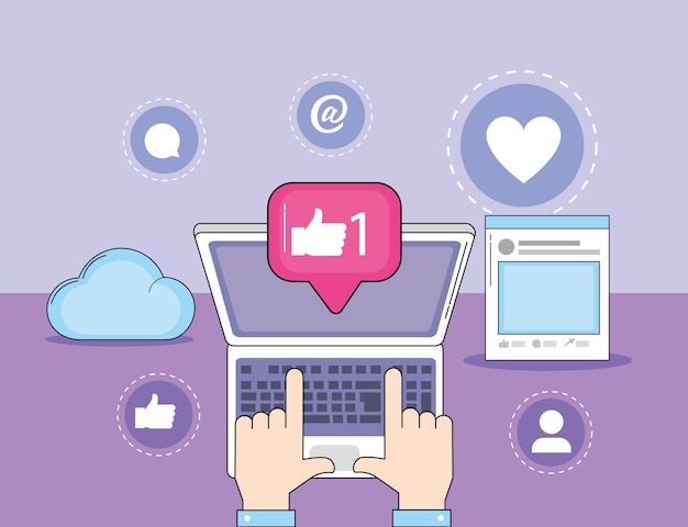 Mani con il messaggio di social media del computer