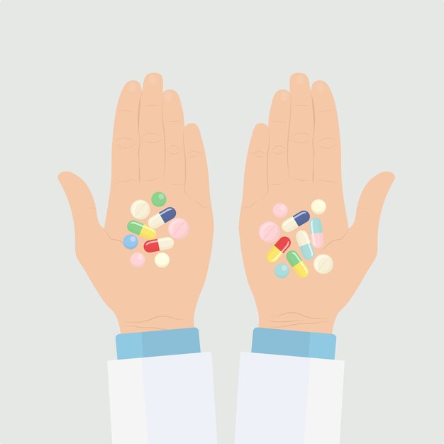 Mani del medico con pillole, capsule, antibiotici. Concetto di farmacia