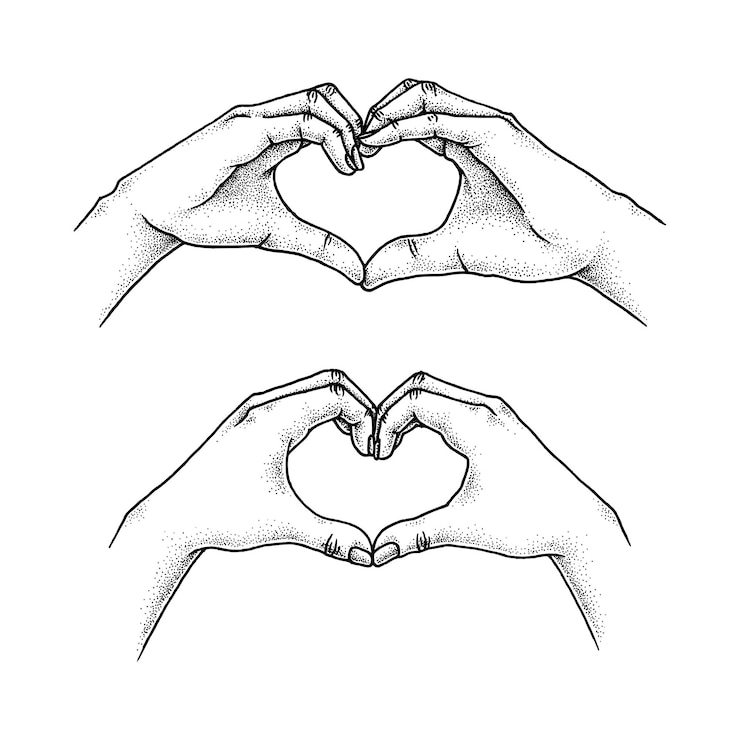 Vettore mani delle coppie che fanno un gesto d'amore gesto del cuore disegnato a mano puntinismo illustration