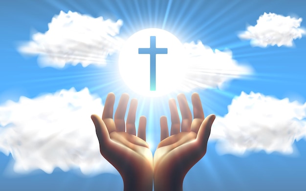Mani di carte religiose sullo sfondo del tramonto Croce cristiana Vettore
