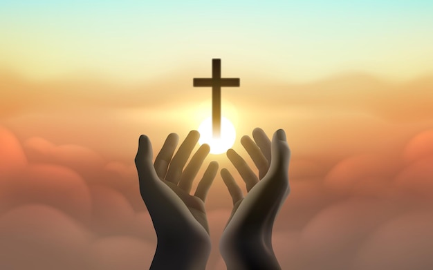 Mani di carte religiose sullo sfondo del tramonto Croce cristiana Vettore