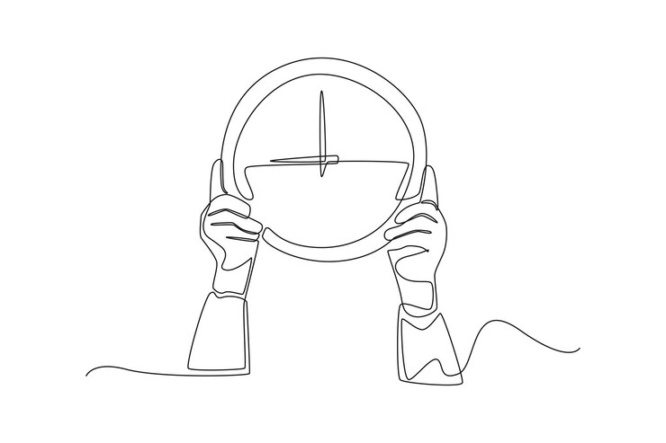 Vettore mani di disegno continuo di una linea che tengono un orologio concetto di timer illustrazione grafica vettoriale di disegno a linea singola