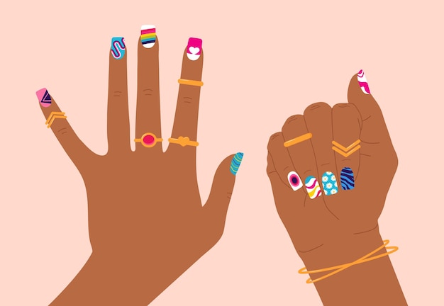 Mani di donna con design creativo di unghie colorate Design di manicure di unghie d'arte colorate brillanti