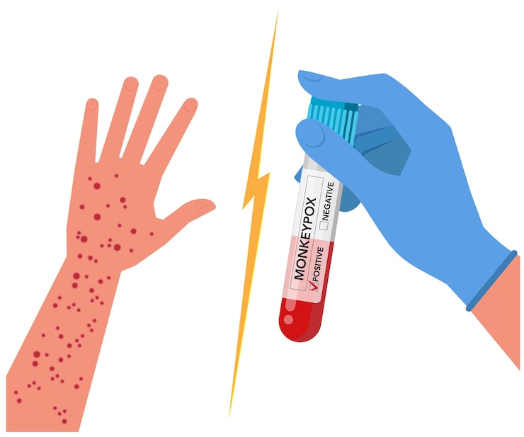 Vettore mani di persona infetta con orthopoxvirus mpox monkeypox test tube illustrazione di stock positivo
