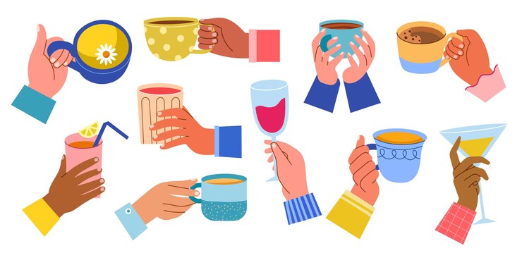 Mani di persone che tengono bevande calde e fredde Cartoon bicchieri calici e tazze con tè, caffè e vino braccia umane con margarita vector setjpg