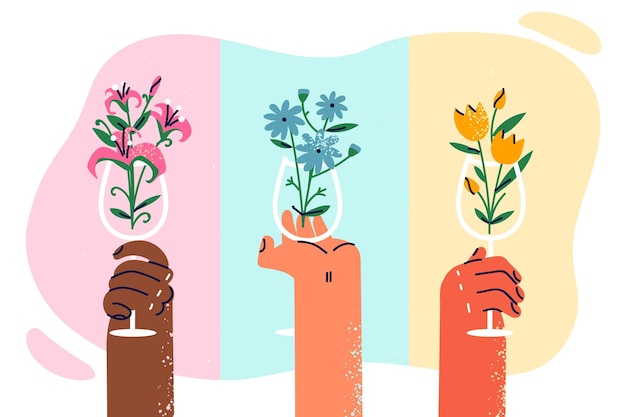 Mani di persone con diversi colori della pelle che sollevano vasi con mazzi di fiori freschi