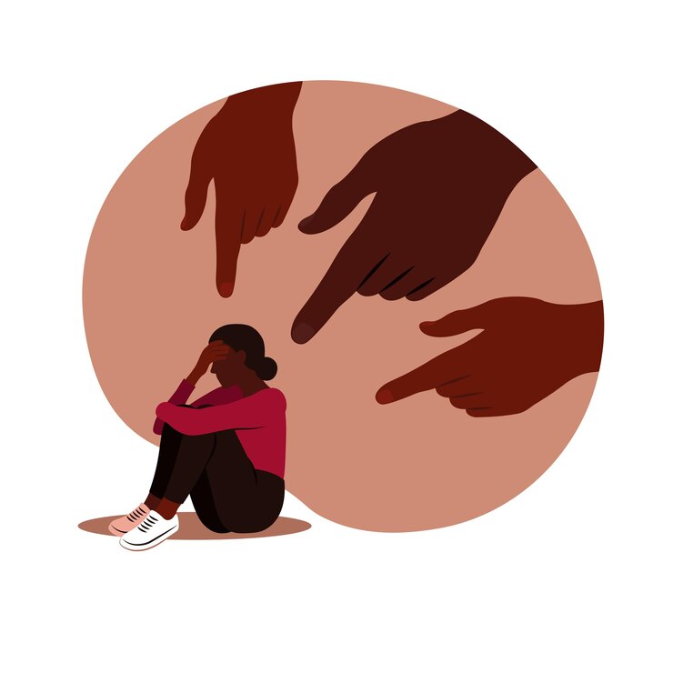 Vettore mani di persone indicano la ragazza africana. opinione e la pressione della società e il concetto di vergogna. donna africana poco sicura. piatto vettoriale