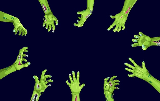 Mani di zombie di Halloween cornice vettoriale della vacanza horror Braccia del mostro malvagio dei cartoni animati protese con pelle verde raccapricciante dita rotte e ossa esposte Bordo delle mani di zombie o non morti spettrali di Halloween