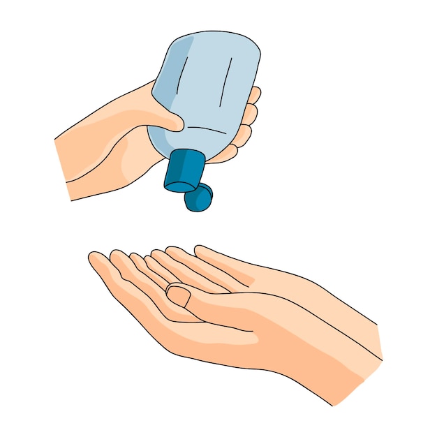 Mani e una mano che tiene una bottiglia di antisettico. Il concetto di disinfezione