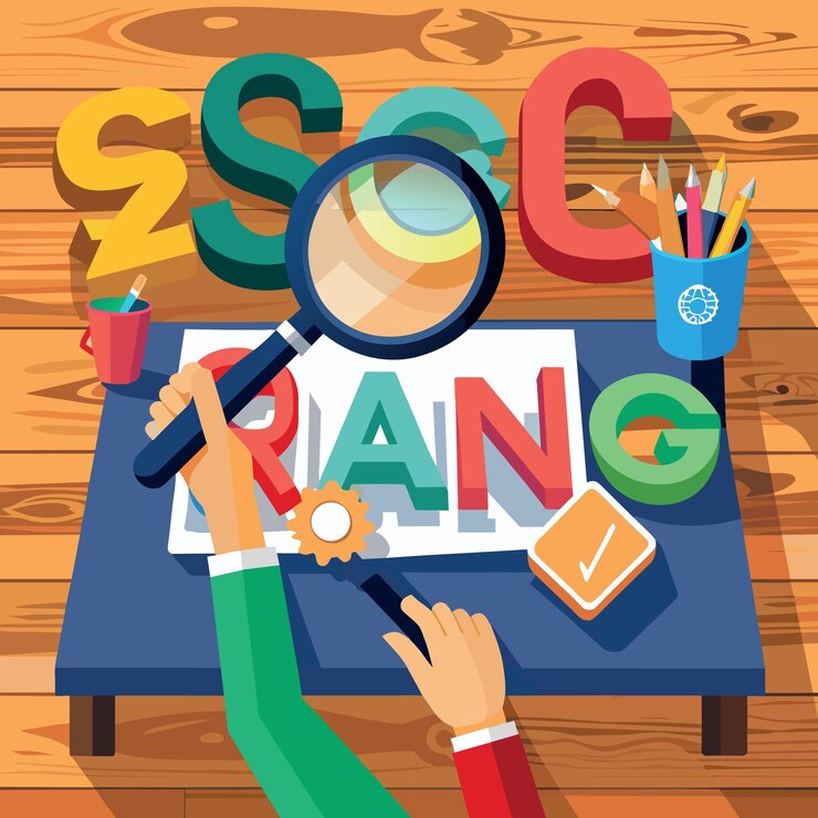 Vettore mani femminili che tengono una lente d'ingrandimento e organizzano alfabeti colorati seo ranking su un tavolo di legno come