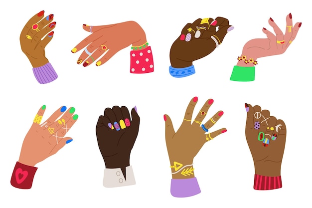 Mani femminili con colori di manicure unghie gioielli bellezza sulle dita anelli alla moda e accessori per ragazze donne mano e nailup vernice set vettoriale decente di manicure illustrazione femminile alla moda