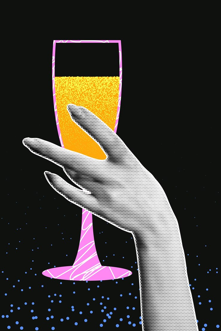 Vettore mani femminili con effetto semitone che tengono un bicchiere di champagne elementi per creare collage retro