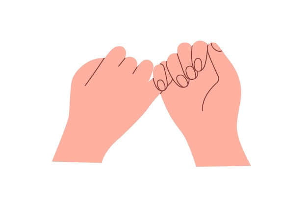 Mani incrociate, dita piccole per la promessa di fare la pace, due piccini che giurano di giurarsi insieme, riconciliazione, riunione, concetto di fiducia, illustrazione vettoriale piatta isolata su sfondo bianco.
